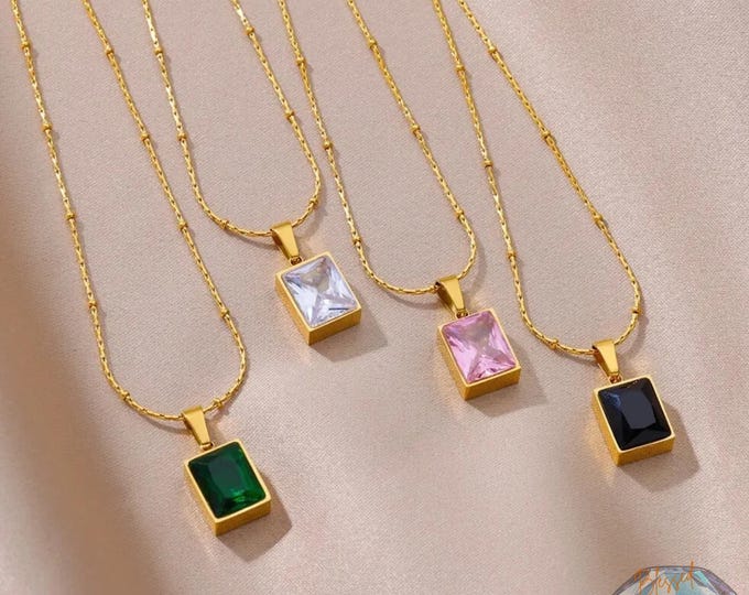 Square Gemstone CZ Necklace Gold | Green Pink Black Crystal Pendant | Stainless Steel Satellite Chain | Dainty Jewelry Gift Women