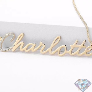 Collar con nombre personalizado en cursiva y circonitas cúbicas de acero inoxidable – Placa con nombre personalizada, regalo para ella / Cumpleaños de mujer