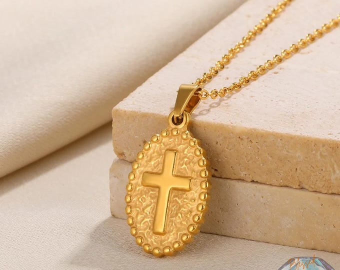Gold Cross Necklace Women | Vintage Oval Coin Cross Pendant | Stainless Steel Faith Jewelry | Christian Gift | Baptism Confirmation