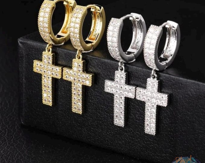 Cubic Zirconia Cross Earrings – Bling Iced Out Gold and Silver Hip Hop Earrings for Men & Women