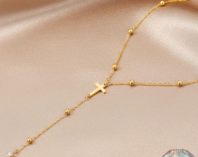 Cross Lariat Y Necklace Stainless Steel Gold Silver – Satellite Bead Chain Crystal Drop | Dainty Faith Jewelry Women | Christian Gift Her