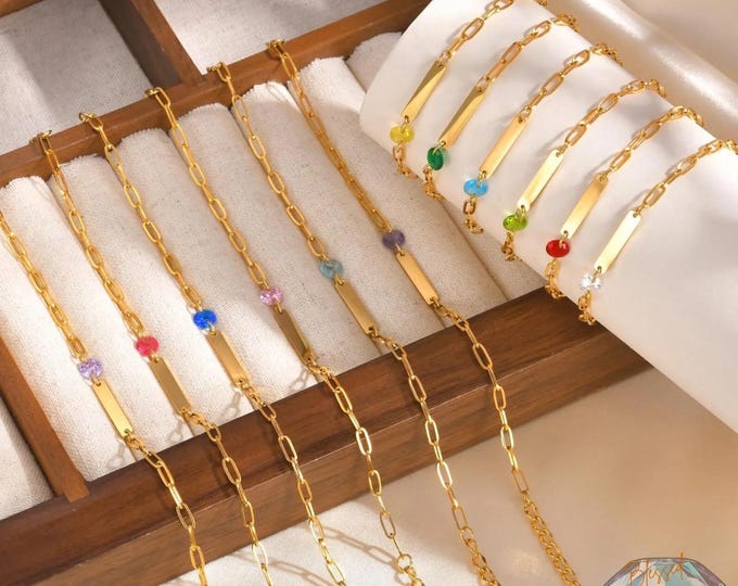 Custom Name Birthstone Bracelet Gold Silver – Personalized Engraved Bar Bracelet Women Stainless Steel | Mother's Day Birthday Gift Her