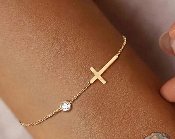 Sideways Cross CZ Bracelet Stainless Steel Gold Silver – Dainty Cross Crystal Accent Chain Bracelet | Christian Gift Women | Faith Jewelry