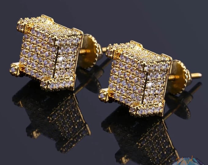 Iced Out Square Stud Earrings – Gold and Silver Micro Pave CZ Hip Hop Bling Jewelry for Men & Women