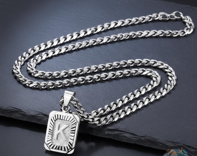 Silver Initial Letter Pendant Necklace – Custom A–Z Alphabet Charm with 3mm/5mm Cuban Link Chain Jewelry by Blessed & Charmed Co.