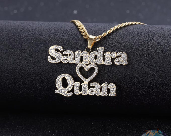 Custom Iced Out Thick Chain Nameplate Necklace - Double Name Cubic Zirconia Love Heart Choker Pendant 