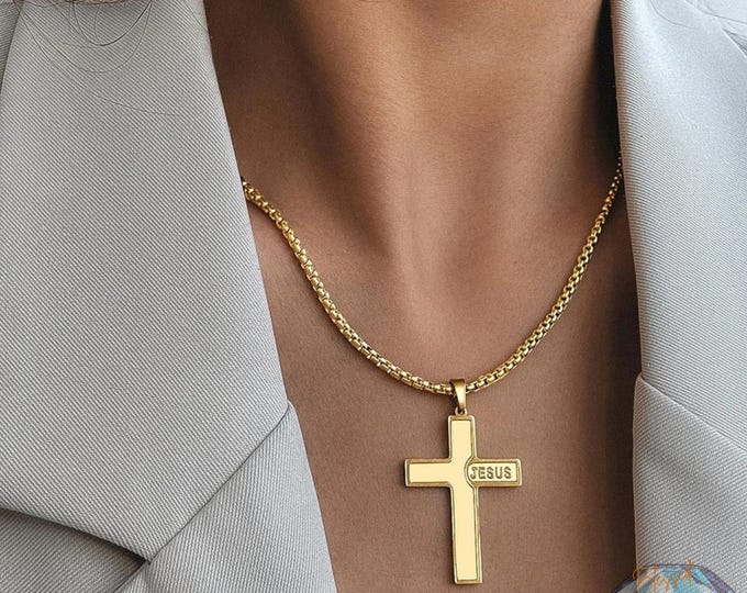 Jesus Cross Necklace Engraved Stainless Steel Gold Silver – JESUS Lettered Cross Pendant Box Chain | Christian Gift Men Women |Faith Jewelry