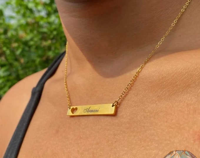 Custom Name Bar Necklace with Heart | Personalized Engraved Nameplate | Stainless Steel Gold Silver | Gift for Her Women