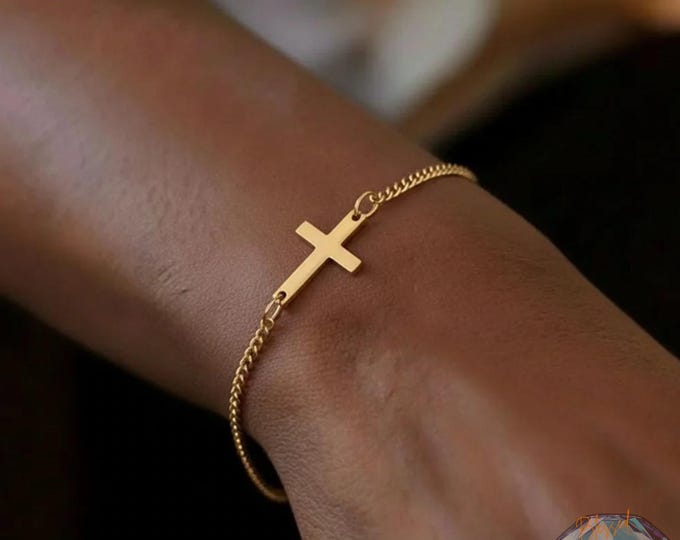 Sideways Cross Bracelet Stainless Steel Gold Silver – Dainty Horizontal Cross Curb Chain Bracelet | Christian Gift Women | Faith Jewelry