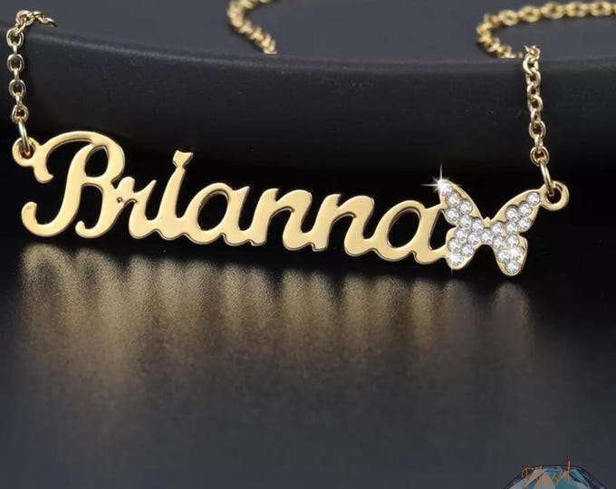 Personalized Custom Name Bling Iced Out Butterfly Stainless Steel Nameplate Necklace