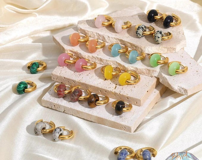Colorful Bead Huggie Hoop Earrings Gold | Natural Stone Candy Color Hoops | Stainless Steel Earrings Women | Fun Boho Gift