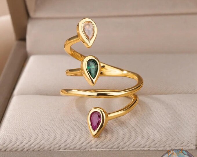 Triple Layer Wrap Ring Gold | Colorful Teardrop CZ Multistone Statement Ring | Stainless Steel | Spiral Ring Women Gift
