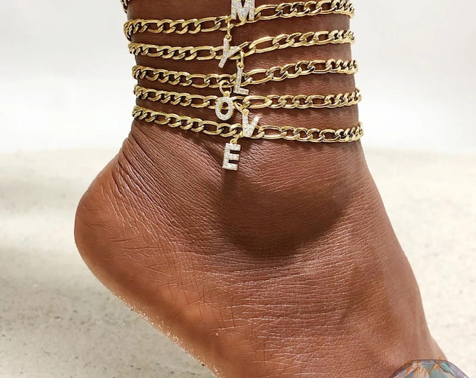 Crystal Initial Anklet – Personalized A–Z Letter Stainless Steel Adjustable Ankle