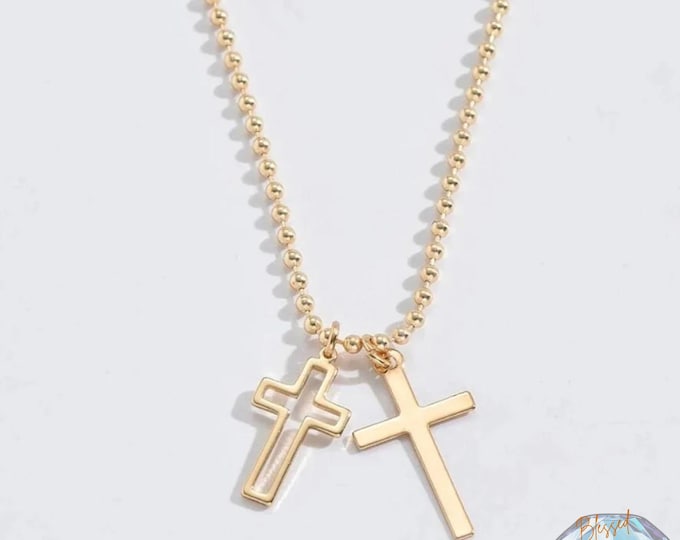 Double Cross Charm Necklace Stainless Steel Gold Silver – Hollow Solid Cross Pendant Ball Chain | Dainty Christian Gift Women |Faith Jewelry