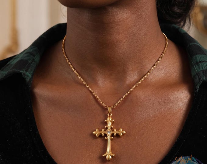 Baroque Cross Necklace Stainless Steel Gold Silver – Ornate Fleur de Lis Cross CZ Crystal Pendant Box Chain | Christian Gift Men Women
