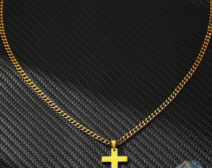 Cross Necklace Cuban Link Chain Stainless Steel Gold Silver – Mens Cross Pendant Curb Chain | Christian Gift for Him | Faith Jewelry Men