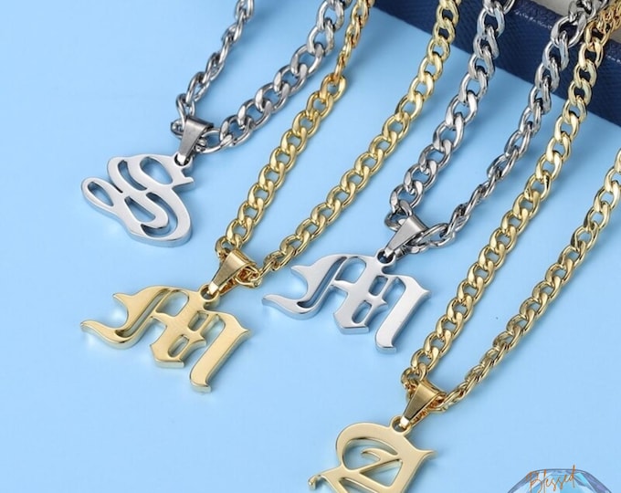 Personalized Old English Initial Pendant Necklace - Custom Stainless Steel Curb Chain Jewelry