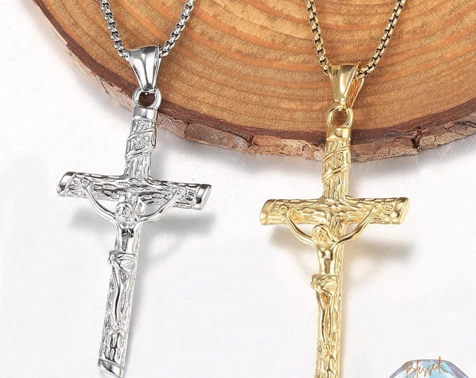 Stainless Steel Jesus Cross Necklace – Gold or Silver Pendant, Religious Faith Jewelry for Men & Women, Box Chain Necklace