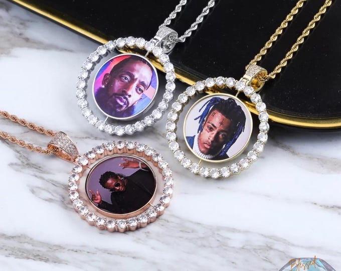 Custom Photo Rotating Double-Sided Medallion Pendant Necklace – Personalized 4mm Tennis Chain Zircon Hip Hop Jewelry