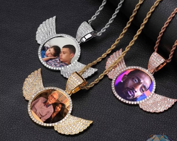 Custom Photo Wings Medallion Pendant Necklace – Personalized 4mm Tennis Chain Cubic Zircon Hip Hop Jewelry