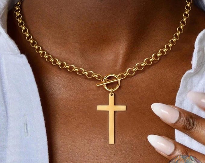 Cross Toggle Clasp Necklace Stainless Steel Gold Silver – Rolo Chain OT Cross Pendant Front Clasp | Trendy Christian Jewelry Women Men