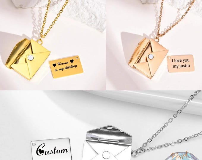 Custom Engraved Envelope Locket Necklace Gold Silver Rose Gold – Personalized Secret Message Keepsake Gift for Her | Valentine Mother's Day