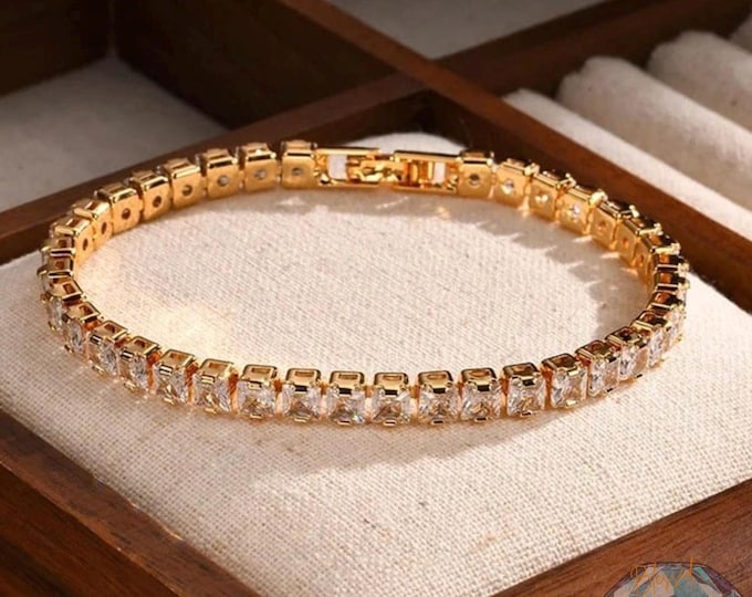 Square CZ Tennis Bracelet Gold Women – 14K Plated Emerald Cut Cubic Zirconia Dainty Stack Bracelet | Gift for Her | Birthday Bridal