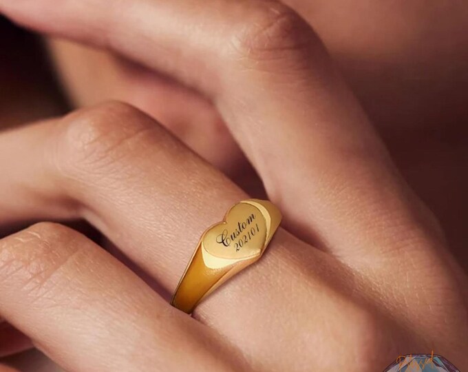 Heart Signet Ring Gold Stainless Steel Women – Custom Engraved Name Ring Personalized Gift for Her | Valentine Birthday Minimalist Ring
