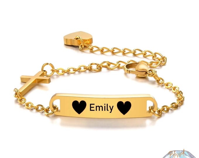 Engraved Cross ID Bracelet Gold Silver Personalized Name Bar Stainless Steel Christian Gift for Her
