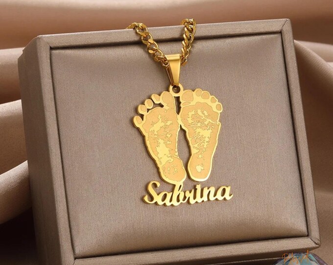 Custom Baby Feet Necklace Personalized | Baby Name Pendant | New Mom Gift | Stainless Steel Gold Silver Nameplate Necklace