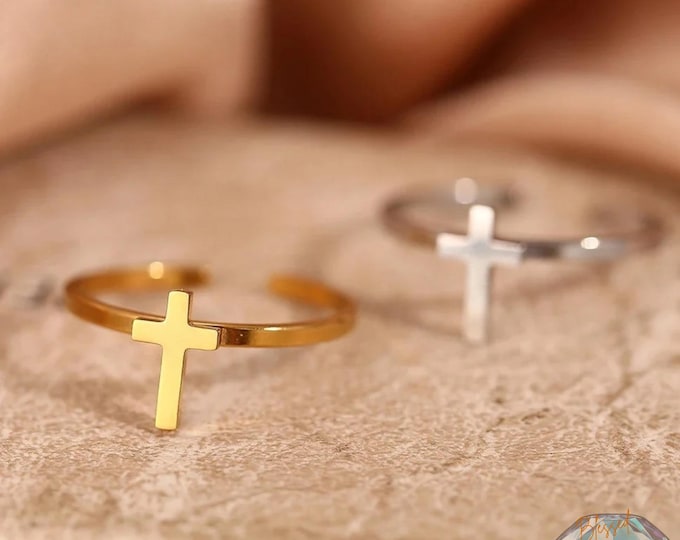 Sideways Cross Open Ring Stainless Steel Gold Silver – Adjustable Faith Ring Women | Christian Gift Her | Confirmation Baptism Jewelry