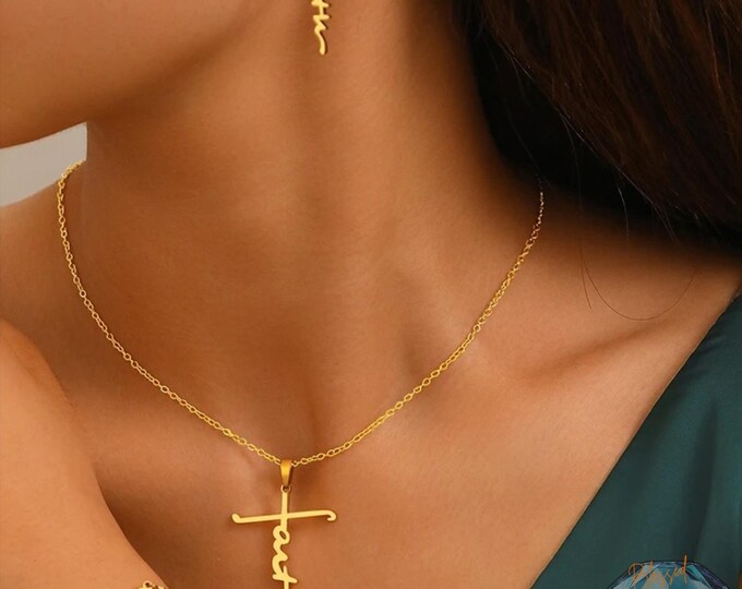 Faith Cross Jewelry Set Stainless Steel Gold Silver – FAITH Script Cross Necklace Bracelet Earrings Set | Christian Gift Women | Faith Set