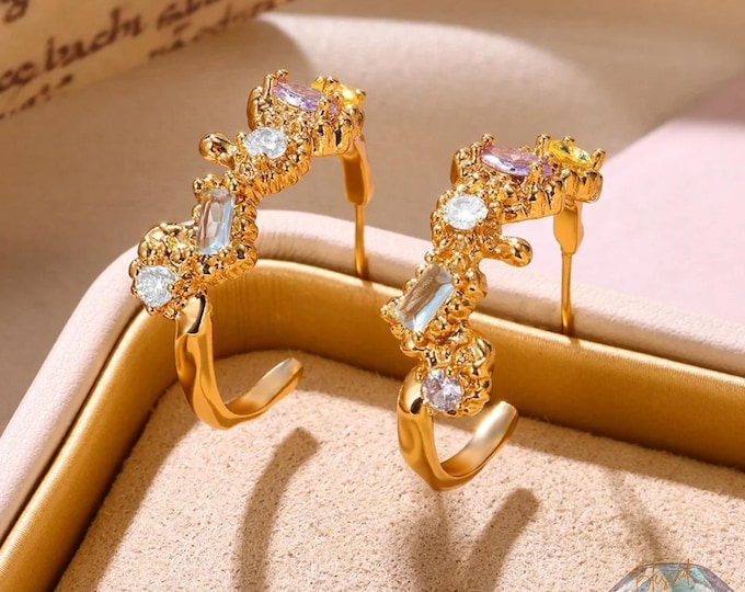 Multicolor Crystal C-Hoop Earrings Gold Silver | Mixed Cut CZ Cluster Hoops | Stainless Steel Earrings Women | Luxury Gift