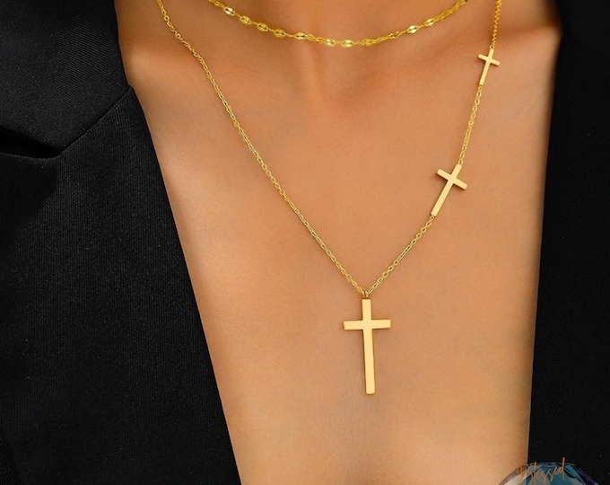 Double Cross Layered Necklace Set Stainless Steel Gold Silver – Sideways Cross Butterfly Chain & Large Cross Pendant | Christian Gift Women