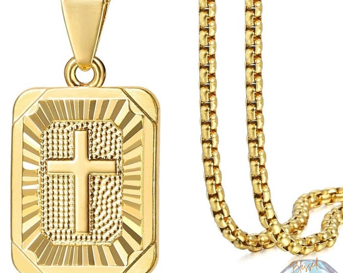 Square Cross Pendant Necklace – Gold Stainless Steel Cross Charm Box Chain, Religious Unisex Jewelry by Blessed & Charmed Co.