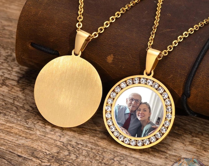 Custom Photo Pendant Necklace CZ Halo Stainless Steel Gold Silver – Personalized Picture Keepsake Necklace | Memorial Gift for Her Him