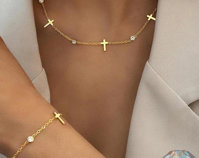 Cross Station Necklace Bracelet Set Stainless Steel Gold Silver – CZ Crystal Cross Charm Chain Jewelry Set | Christian Gift Women |Faith Set