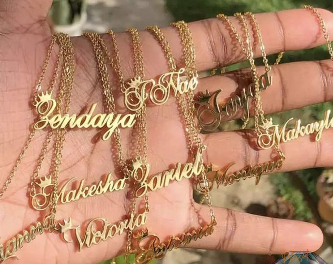 Personalized Cursive Crown Name Necklace Customized Nameplate Stainless Steel Jewelry