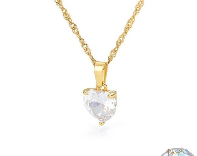 CZ Solitaire Necklace Gold Silver | Heart & Round Diamond Style Pendant | Stainless Steel Dainty Necklace | Gift for Her Women