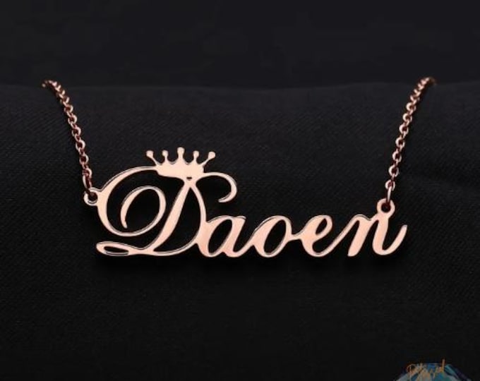 Personalized Cursive Crown Name Necklace Customized Nameplate Stainless Steel Jewelry