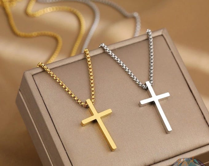 Simple Cross Necklace Stainless Steel Gold Silver – Minimalist Cross Pendant Box Chain | Christian Gift for Men Women | Faith Jewelry Unisex