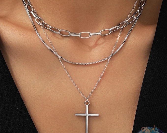 Layered Cross Necklace Set Stainless Steel Gold Silver – Triple Layer Paperclip Box Cable Chain | Faith Jewelry Women | Christian Gift Her