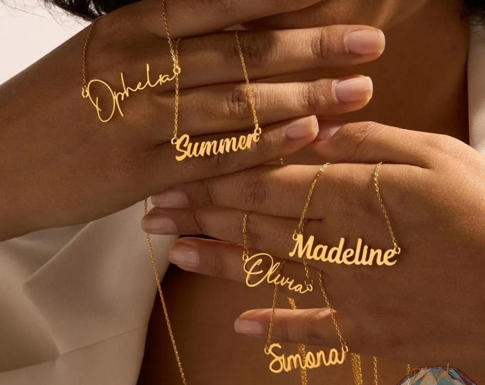 Custom Name Necklace Gold Silver Curb Chain Personalized Script Name Plate Stainless Steel Gift for Her
