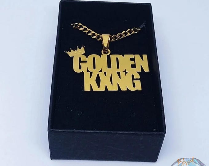 Crown Name Necklace Custom Gold Silver | Bold Block Letter Nameplate Cuban Chain | Stainless Steel | Men Women Personalized Gift
