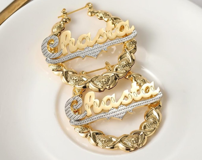 Custom XO Bamboo Hoop Earrings – Personalized Nameplate Hoops by Blessed & Charmed Co.
