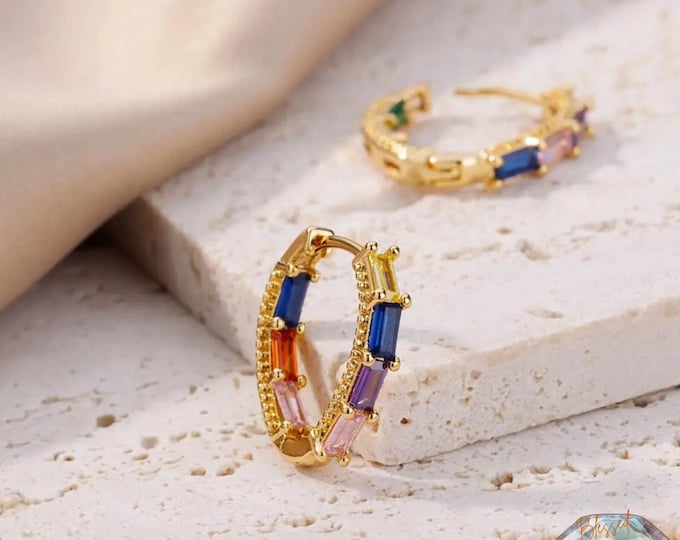 Rainbow CZ Hoop Earrings Gold Silver | Colorful Crystal Heart Round Hoops | Stainless Steel Earrings Women | Fun Jewelry Gift
