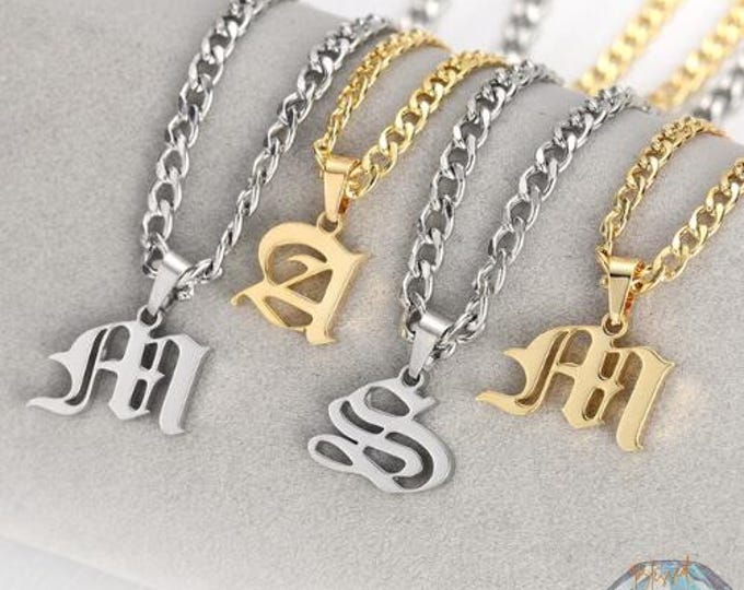 Personalized Old English Initial Pendant Necklace - Custom Stainless Steel Curb Chain Jewelry