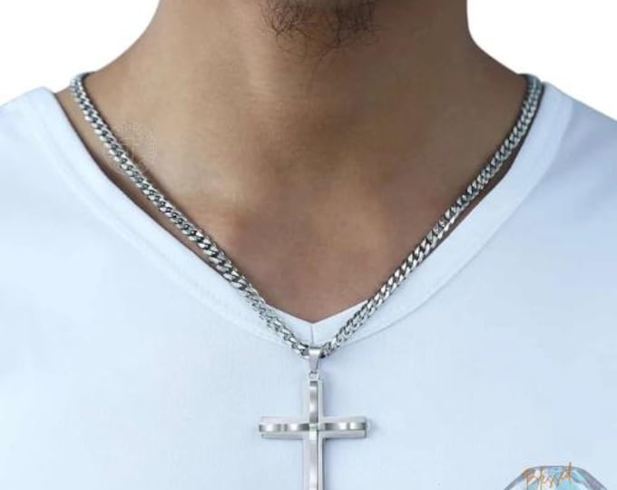 Cross Pendant Necklace – Silver Stainless Steel Cuban Link Chain Christ Necklace