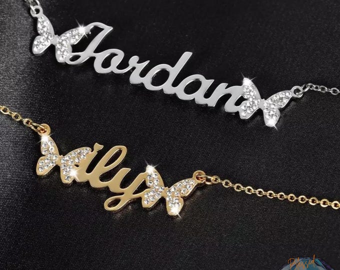 Personalized Custom Name Bling Iced Out Double Butterfly Stainless Steel Pendant Nameplate Necklace