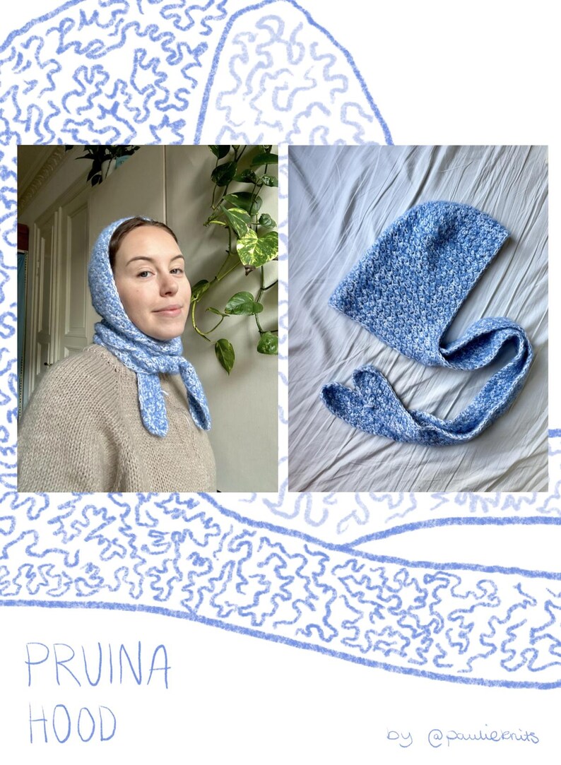 Puede incluir: Una capucha de ganchillo azul claro con una larga bufanda adjunta. La capucha est&aacute; hecha con un hilo texturizado y tiene un dise&ntilde;o simple. El texto "PRUINA HOOD by @paulieknits" est&aacute; escrito debajo de la imagen.